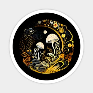 Round Floral Mushroom Artwork Golden Magnet